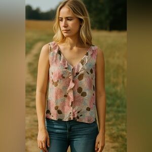 Mac & Jac Pink and blue Silk Ruffled Blouse